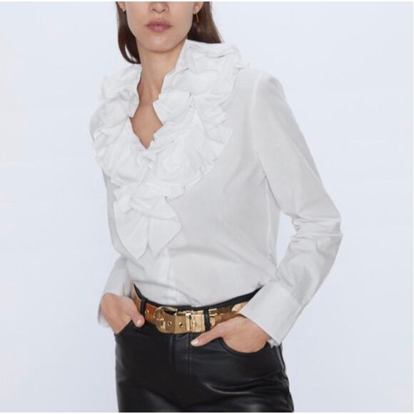 Zara ruffle collar top white SAM 845 button shirt long sleeve Academia retro - Picture 1 of 15